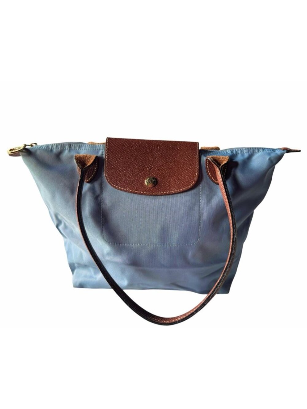 Longchamp Le Pliage Womens Tote Bag Small Light Blue Brown Leather Long Straps - Picture 2 of 16